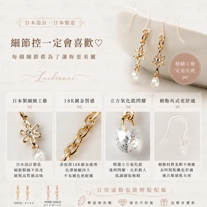 小花水鑽垂墜耳環|日本製耳環 圖3